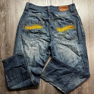 Vintage Rocawear Baggy Jeans Mens 36x28 Dark Wash Embroidered Y2K Hip Hop Denim
